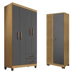 Imagem de Guarda Roupa Solteiro Modena 4 Portas e Armário Multiuso Versatile Carvalho Americano Grafite - Incorplac