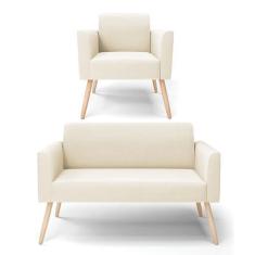 Imagem de Sofá Namoradeira com Poltrona Pés Palito Natural Marisa Veludo Bege D03 - D'Rossi