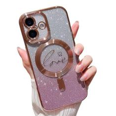 Imagem de MINSCOSE Capas de telefone para iPhone 16 Plus com glitter magnético transparente [compatível com Magsafe], capa de luxo amor coração chapeado brilhante gradiente brilhante à prova de choque para