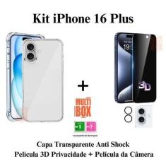 Imagem de Kit Capinha + Pelicula Privativa 3D Vidro  + Câmera para Iphone 16 16 