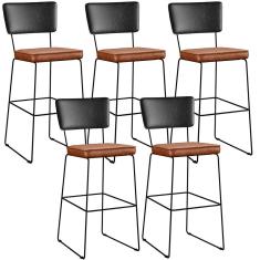 Imagem de Kit 05 Banquetas Altas Sala Jantar Fixa Allana L02 Couríssimo Preto Couríssimo Camel - Lyam Decor