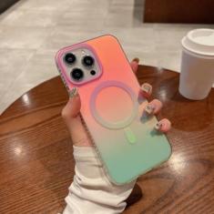 Imagem de Luxo gradiente laser aurora capa magnética de carga sem fio para iphone 14 plus 13 12 pro max 11 capa de cor neon, rosa azul, para iphone 12