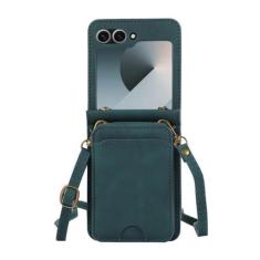 Imagem de Capa carteira de couro porta-cartões para Samsung Galaxy Z Flip 6 5 4 3 ZFlip Flip6 Flip5 Flip4 Flip3 com capa de bolsa com cordão crossbody, verde, para Samsung Z Flip 3