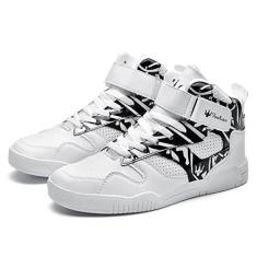 Imagem de KUXIE Tênis masculino de cano alto, moderno, casual, para atividades ao ar livre, calçados esportivos para treinamento, couro, sapatilha masculina, M729-branco-preto, 39