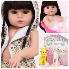 Imagem de Boneca Reborn Morena Girafa Fofa Com Kit 21 Acessórios Bolsa - Cegonha