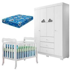 Imagem de Berço Americano Lila E Guarda Roupa Ane Branco Brilho Com Colchão Ortobom - Phoenix Baby