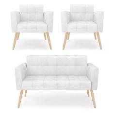 Imagem de Kit 1 Sofá Namoradeira E 2 Poltronas Elisa Corano Pés Palito Natural - D`rossi Cor Branco