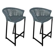 Imagem de Kit 2 Banquetas Reis em Corda Náutica e Base em Alumínio Preta para Área Gourmet - Externa Cinza