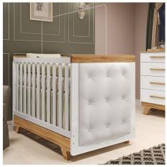 Imagem de Berço Minicama com Capitonê 100% Mdf Retrô Kakau Espresso Móveis Branco Brilho/Amêndoa/Branco