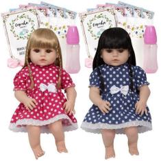 Imagem de Boneca Reborn Realista Gêmeas Loira Morena + Kit Acessórios - Cegonha