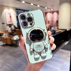 Imagem de Capa de telefone dobrável com suporte de astronauta dos desenhos animados para iPhone 11 12 13 14 15 Pro Mini XR XS Max capa de moldura macia em SE2 7 8 Plus, capa verde clara, para iphone 13