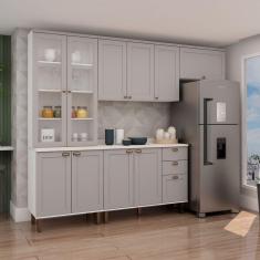 Imagem de Cozinha Completa Iluminata 10 Portas 3 Gavetas 100% Mdf com Vidro Branco/Marrom Claro/Mineral - Genialflex