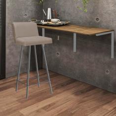 Imagem de Kit Mesa Suspensa de Parede Fixa MDF Carvalho + 1 Banqueta Lexi Ferro Prata Corino Bege - Ahazzo Móveis