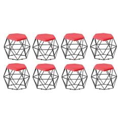Imagem de Kit 08 Puff Banqueta Aramado Mila Base Preta Hexágono Suede Vermelho -