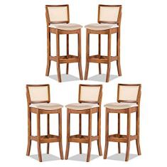 Imagem de Kit 5 Banquetas em Madeira Imbuia com Encosto Rattan Estofado Linho Bege M58 RMI