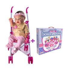 Imagem de Kit Bebê Realista C/ Carrinho De Boneca Rosa + Jogo Surpresa - Dm Toys