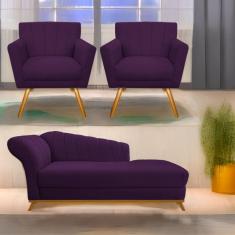 Imagem de Kit Diva Recamier Vanessa 140Cm Lado Direito E 02 Poltronas Laura Suede Cor Roxo