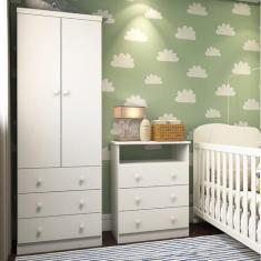Imagem de Quarto Infantil com Guarda Roupas 2 Portas 3 Gavetas e Cômoda 3 Gavetas Teka Espresso Móveis Branco Brilho