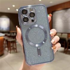 Imagem de Com protetor de lente capa de telefone galvanizada para iPhone 15 14 13 12 11 Pro Max capa de glitter para carga sem fio, azul claro, para iPhone 13promax