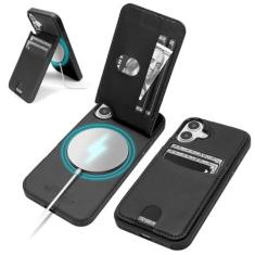Imagem de SkyEagle Capa carteira compatível com Magsafe para iPhone 16 de 6,1 polegadas com suporte para cartão com suporte de bloqueio de RFID, compartimentos para cartão de crédito, couro PU, homens e