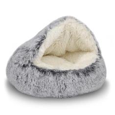 Imagem de Cama de gato ShinHye redonda de pelúcia fofa com capuz cinza 60x60cm
