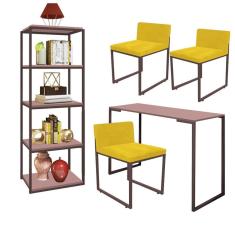 Imagem de Kit Escritório Ravi 3 Cadeiras Suede Amarelo com 1 Mesa e 1 Livreiro Ferro Marrom MDF Rose Rosa - Ahazzo Móveis