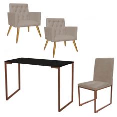 Imagem de Kit Escritório Stan 2 Poltronas Capitonê com Cadeira e Mesa Industrial Preto Bronze Suede Bege - Ahz Móveis