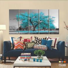 Imagem de Quadro Decorativo 140x65 Sala Quarto Árvore Turquesa 5 peças 5 peças