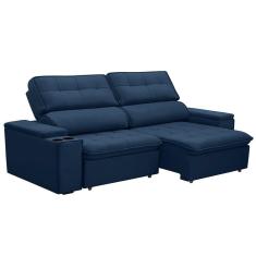 Imagem de Sofá Retrátil E Reclinável 3 Lugares 210cm Zoho Porta Copos No Braço Veludo Azul G22 - Gran Belo