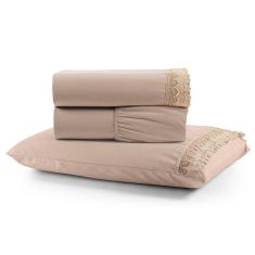 Imagem de Jogo De Lençol Rubi Solteiro 3 Pçs 100% Algodão 200 Fios Ponto Palito Bordado - Avelã