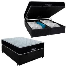 Imagem de Cama Box Baú Queen Suede Bipartido + Colchão Airtech Molas Ensacadas Antares Ortobom 158x188x71 Preto