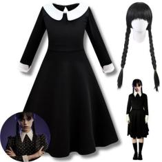 Imagem de Fantasia Vestido Wandinha Família Addams Infantil + Peruca - Bela Impo