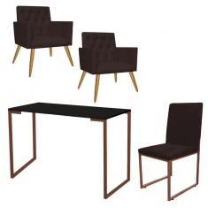 Imagem de Kit Escritório Stan 2 Poltronas Capitonê com Cadeira e Mesa Industrial Preto Bronze Suede Marrom - Ahz Móveis