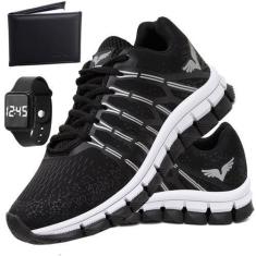 Imagem de Tênis Corrida Masculino Sapato Relogio e Carteira Caminhada - GP, Pret