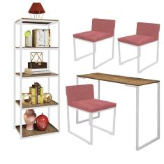 Imagem de Kit Escritório Ravi 3 Cadeiras Suede Rose com 1 Mesa e 1 Livreiro Ferro Branco MDF Malbec - Ahazzo Móveis