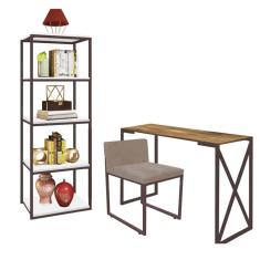Imagem de Kit Escritório Bex 1 Cadeira Sintético Bege com 1 Mesa e 1 Livreiro Ferro Marrom MDF Freijó - Ahazzo Móveis