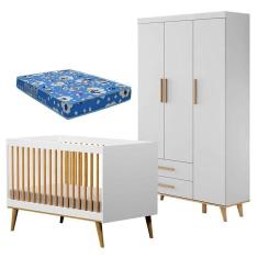 Imagem de Berço Americano Ligia E Guarda Roupa Ludmila Branco Acetinado Bétula Com Colchão Ortobom Móveis