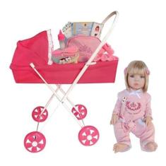 Imagem de Boneca Bebê Mamãe Reborn Silicone Enxoval 28 Itens Boneca Carrinho Berço