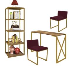 Imagem de Kit Escritório Bex 2 Cadeiras Suede Bordô com 1 Mesa e 1 Livreiro Ferro Dourado MDF Caramelo - Ahazzo Móveis