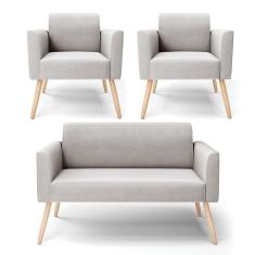 Imagem de Sofá Namoradeira Com 2 Poltronas Pés Palito Natural Marisa Veludo Cinza D03 - D'rossi