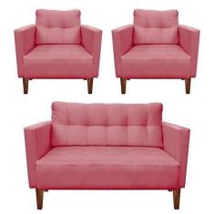 Imagem de Kit Sofá Retrô Namoradeira 2 Lugares e 02 Poltronas Livia Suede Rose - D'Rossi