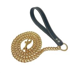 Imagem de Coleira de corrente de ouro, corrente de elos cubanos de aço inoxidável forte de 12 mm, coleira de metal banhada a ouro 18K com alça de couro genuíno para cães pequenos, médios e grandes