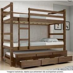 Imagem de Treliche Solteiro com 3 Gavetas em Madeira Maciça e Escada Ágata Castanho - Straub Web