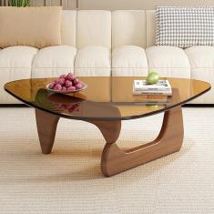 Imagem de Mesa de centro de vidro triangular, mesa final de vidro preto vintage, mesa final moderna com base de madeira maciça para sala de estar, pátio, escritório, pernas de nogueira + a, 114 × 82 ×