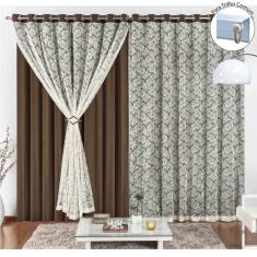 Imagem de Cortina Yasmin 2,00m x 1,70m Tabaco Trilho Comum Tecido Malha Renda Floral Leve