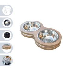 Imagem de Comedouro Pet Elevado Duplo Mdf Cães E Gatos - Inox - Maderacco