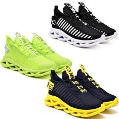 Imagem de 3 Tênis Masculino Esportivo Confortavel Braid Original Verde E Amarelo
