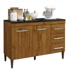 Imagem de Balcão De Cozinha Virtus Com Tampo Ipê 3 Gavetas 2 Portas Kaiki Móveis