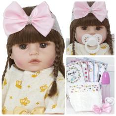 Imagem de Boneca Reborn Bebê Menina Cabelos Castanhos Com Enxoval - Cegonha Rebo