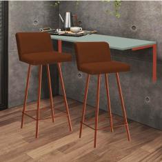 Imagem de Kit Mesa Suspensa de Parede Fixa MDF Verde Oliva + 2 Banquetas Lexi Ferro Bronze Suede Terracota - Ahazzo Móveis